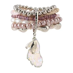 Bohemian multi-layer beaded bracelet featuring silver beads, pink crystals, and seashell charm