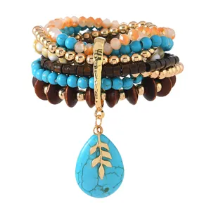 Bohemian multi-layer beaded bracelet set with turquoise drop pendant and gold leaves