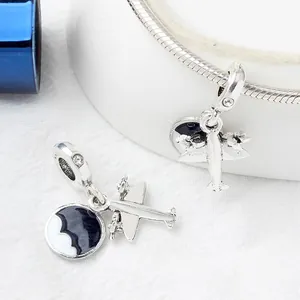 Fashion Silver Tone Alloy Propeller Airplane Pendant Charm With Blue Enamel Disc And Zirconia For DIY Bracelet Women Jewelry