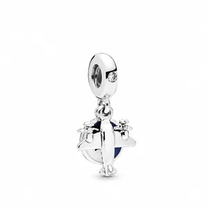 Silver airplane charm with blue enamel disk and sparkling zircon on bale for bracelets