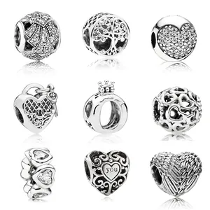 Colección de dijes de plata con diseños de árbol de vida y corazón de corona para pulseras