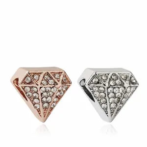 DIY Alloy Rhinestone Diamond Shaped Large Hole Beads Rose Gold Silver Charms For Bracelet Necklace Jewelry Making Women