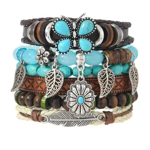 3-teiliges böhmisches Perlenarmband-Set mit Türkis-Schmetterling und silbernen Anhängern