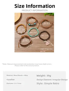 Größentabelle mit Durchmesser und Breite für das 6er-Set Boho-Leder- und Holzperlenarmbänder