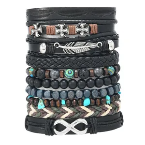 10-teiliges Set aus Retro Mehrschicht-Lederarmbändern mit Metallanhängern und Perlen