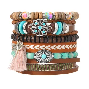 Böhmisches 6-teiliges Set aus Leder- und Holzperlenarmbändern mit Libellenanhänger