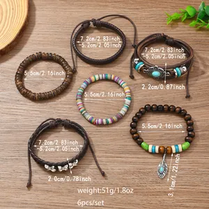 6-teiliges Lederarmband-Set mit Türkisperlen und Holzelementen im Vintage-Stil