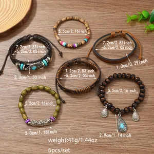 6-teiliges handgefertigtes Boho-Set aus geflochtenem Leder und Holzperlen für Damen und Herren