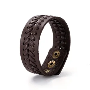 Bracciale da uomo in pelle intrecciata marrone scuro con bottoni a pressione in bronzo