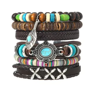 Handgefertigtes mehrlagiges Lederarmband Set mit Türkis und Vintage-Metallfeder-Anhänger