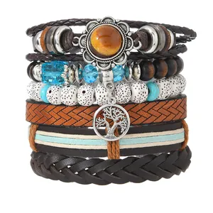6-teiliges Boho-Set aus Tigerauge und Lederarmband mit Lebensbaum-Anhänger für Damen