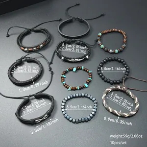 Set aus 10 Vintage handgefertigten mehrlagigen Lederarmbändern und Perlen für Herren