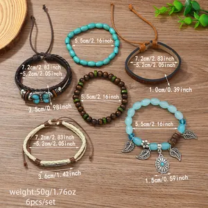 Detailansicht der mehrlagigen Lederarmbänder im Boho-Stil mit Größen- und Gewichtsangaben