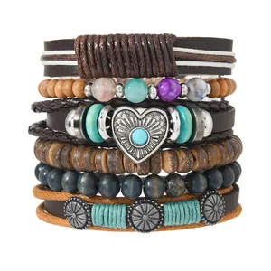 Boho Lederarmband-Set für Damen und Herren mit Herz-Türkis und Holzperlen