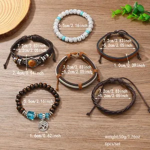 6-teiliges Bohemian Armband-Set mit Tigerauge Stein und Lebensbaum Anhänger