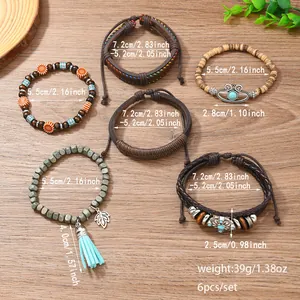 6er-Set Boho-Armbänder mit Leder, Holzperlen und hellblauen Quasten für Damen