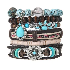 Boho 6-teiliges Set aus handgewebten Armbändern mit Türkis und Blumenverzierung