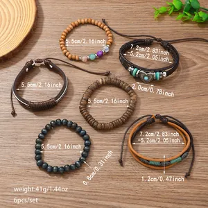 Handgefertigtes 6-teiliges Vintage-Armband-Set mit Leder Holzperlen und Türkisherz