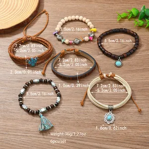 Böhmisches 6-teiliges Holzperlen- und Lederarmband-Set für Herren mit Türkis-Akzenten
