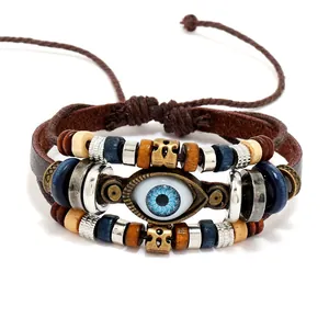 Handgefertigtes mehrlagiges Lederarmband mit Evil Eye, Perlen und verstellbarer Kordel