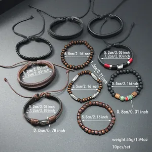 Detailansicht des 10-teiligen Vintage-Lederarmband-Sets mit Maßen und Perlen