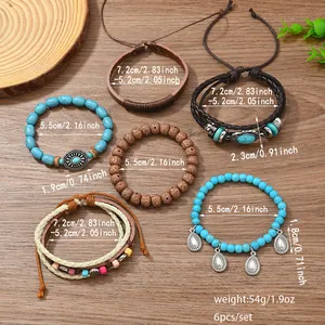 6-teiliges Boho-Armband-Set mit türkisfarbenen Perlen und geflochtenen Lederbändern