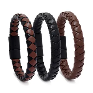 Detail of woven leather bracelets in black and brown with matte magnetic metal clasps