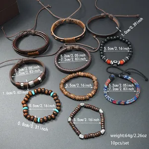 Detailansicht eines 10-teiligen Lederarmband-Sets mit Größenangaben für Herren