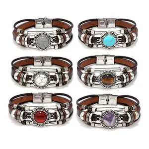 Detail of multi-layer leather bracelets featuring six types of inlaid natural stones
