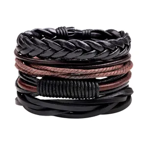 Ensemble de bracelets multicouches en cuir tressé rétro pour hommes en noir et marron