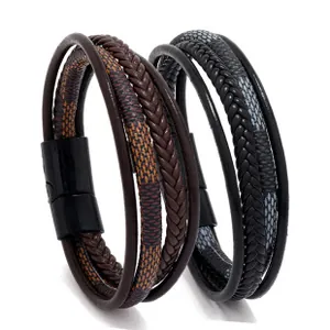 Detail of multi-layer woven leather bracelets with checkered pattern and magnetic buckle