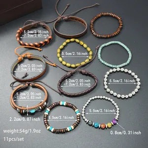 Detaillierte Ansicht des 11-teiligen mehrlagigen Leder- und Perlenarmband-Sets für Damen und Herren