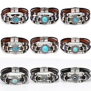 Detailed grid of bohemian leather bracelets with turquoise stones and evil eye charms