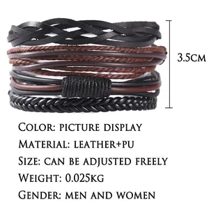 Set bracciale multistrato in pelle intrecciata con corda regolabile per uomo e donna