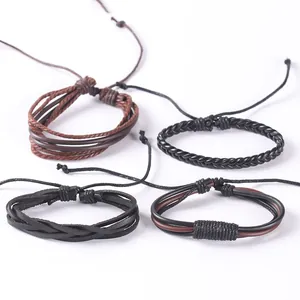 Set di 4 bracciali rétro multistrato in pelle intrecciata per uomo con coulisse
