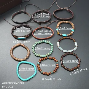 Detailansicht eines 12-teiligen Vintage-Lederarmband-Sets mit Größen- und Gewichtsangaben