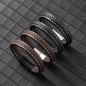 Men's multilayer braided PU leather bracelet with contrast stitching and magnetic clasp