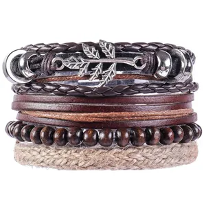 Handmade multilayer leaf charm bracelet featuring vintage leather and hemp rope cords