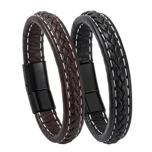 Vintage Men PU Braided Leather Bracelet With Magnetic Buckle Simple Fashion Multi Layer Wristband For Men Jewelry Gift