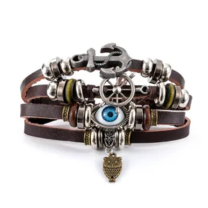 Vintage mehrlagiges braunes Lederarmband mit Türkis Bösem Blick und Anker-Anhänger