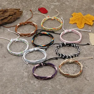 Set of 9 handmade colorful woven wax rope bracelets with adjustable sliding knots for women