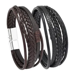 Multilayer leather bracelet for men with magnetic metal clasp in black and brown