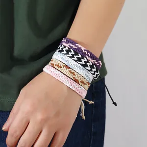Five-piece set of handmade braided wax rope bracelets with adjustable slide knot closures