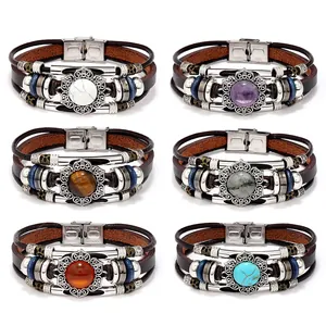 Multilayer leather bracelets with natural stones and stainless steel bohemian charms