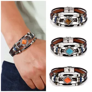 Multilayer leather bracelet with stainless steel beads and natural stone for men