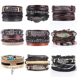 Vintage Ethnic Multilayer Cowhide Leather Bracelet For Men Women Alloy Feather Leaf Pendant Wood Beads Wax Thread Braided Jewelry