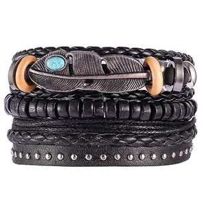 Detail of bohemian leather bracelet with turquoise feather charm and metal rivets