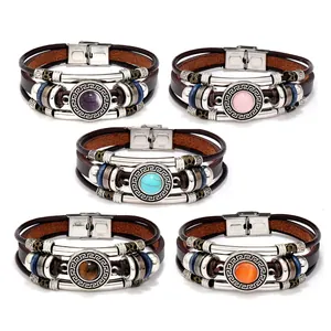 Multilayer leather bracelets with natural stone beads and stainless steel greek key clasp