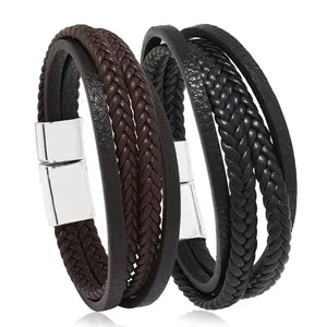 Men's retro braided leather bracelets in black and brown with magnetic metal clasp