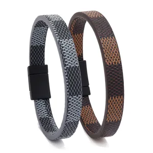 Vintage checkered leather bracelets in grey and brown with magnetic matte black clasps